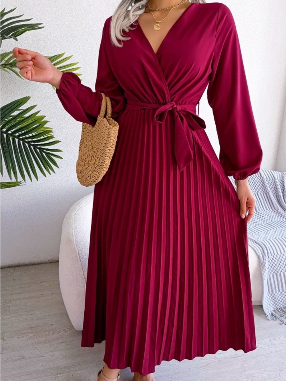 2415 - Elegant Burgundy Pleated Midi Dress Long Sleeve Wrap V-Neck Belted Size M